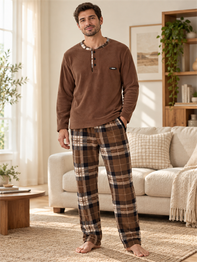 Kahvelim Polar Erkek Uzun kollu Pijama Takımı