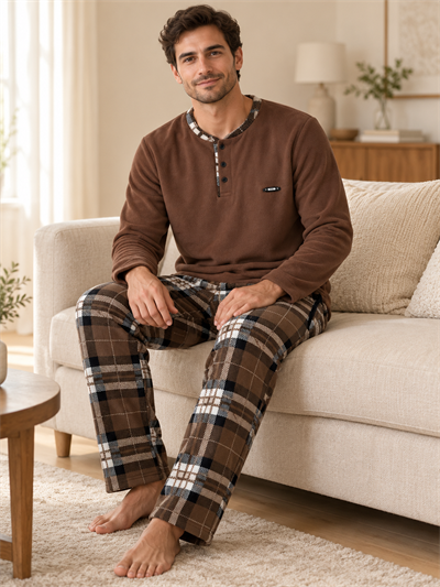 Kahvelim Polar Erkek Uzun kollu Pijama Takımı