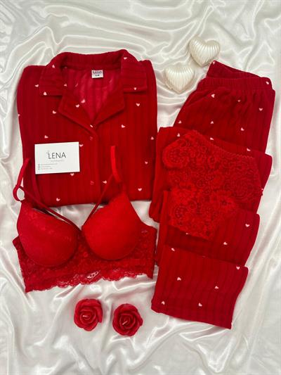 Kırmızı Starly Dörtlü Polar Pijama Seti