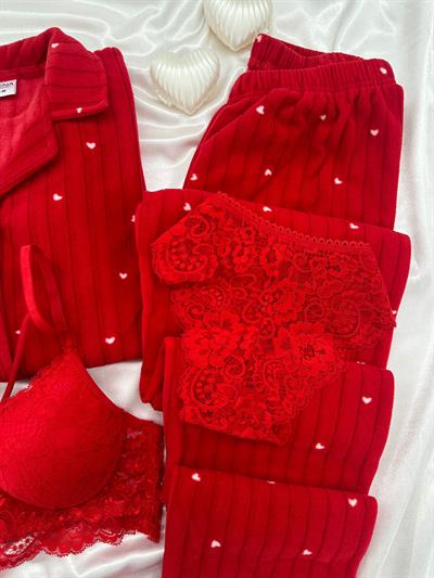 Kırmızı Starly Dörtlü Polar Pijama Seti