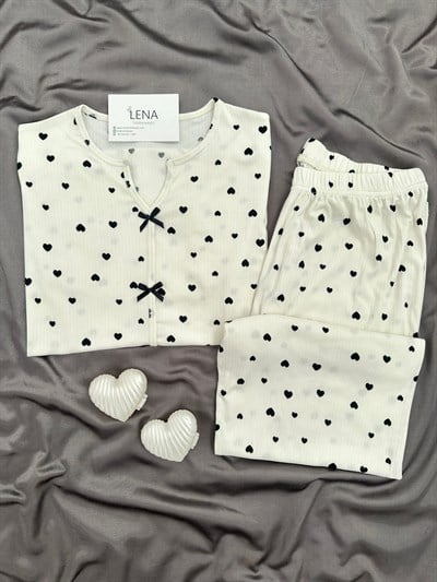 Siyah Kalp Desenli Ekru Oslo Kısa Kollu Pijama Takımı