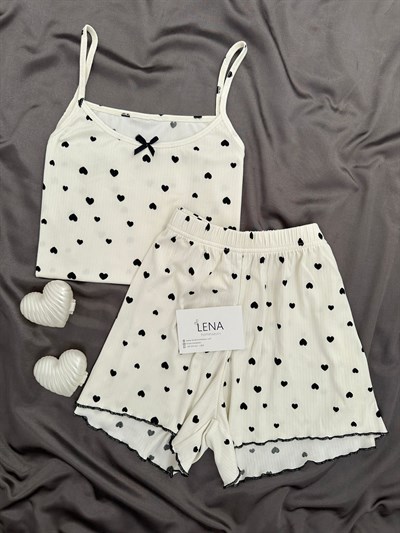 Kalp Desenli Ekru Oslo Şortlu Pijama Takımı
