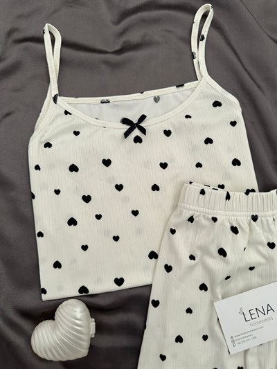 Kalp Desenli Ekru Oslo Şortlu Pijama Takımı