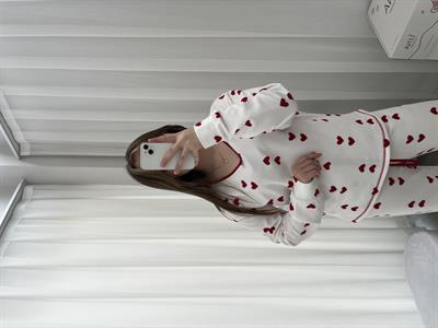 Kalp Desenli Ekru Waffle Pijama Takımı