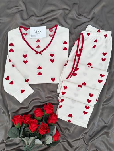 Kalp Desenli Ekru Waffle Pijama Takımı
