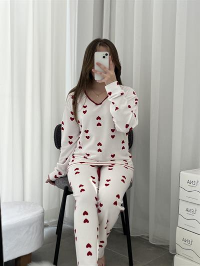 Kalp Desenli Ekru Waffle Pijama Takımı