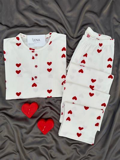 Kalp Desenli Ekru Yarım Patlı Berlin Pijama Takımı