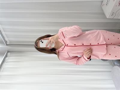Kalp Desenli Pembe Milan Pijama Takımı