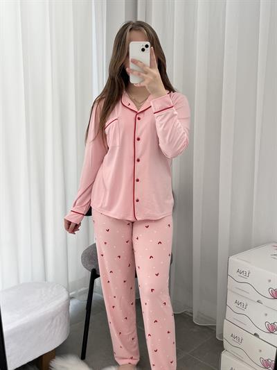 Kalp Desenli Pembe Milan Pijama Takımı