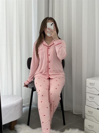 Kalp Desenli Pembe Milan Pijama Takımı