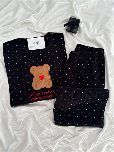 Kalp Desenli Siyah Polar Pijama Takımı