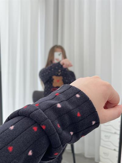 Kalp Desenli Siyah Polar Pijama Takımı