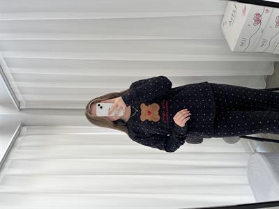 Kalp Desenli Siyah Polar Pijama Takımı
