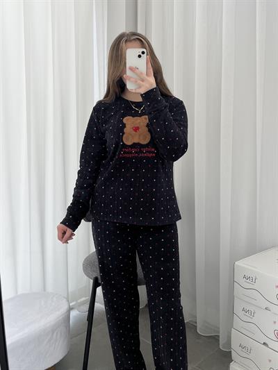 Kalp Desenli Siyah Polar Pijama Takımı
