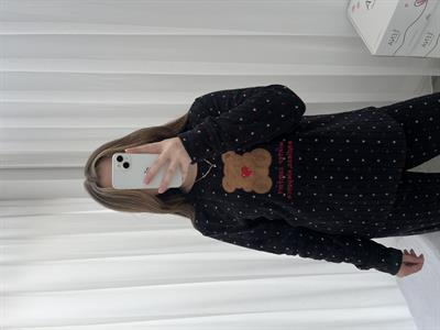 Kalp Desenli Siyah Polar Pijama Takımı