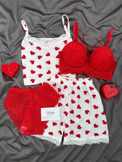 Kalp Döngüsü Dörtlü Şortlu Pijama Seti 