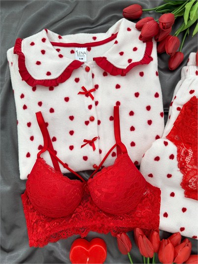 Kalpli Yaka Detaylı Waffle 4lü Pijama Takımı 