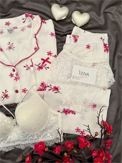 Kiraz Çiçeği 4lü Pijama & Çamaşır Seti
