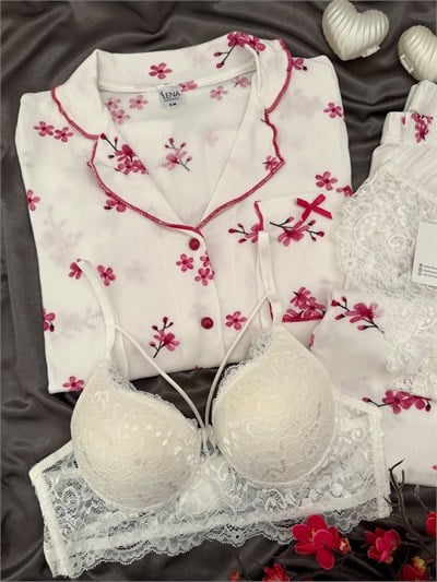 Kiraz Çiçeği 4lü Pijama & Çamaşır Seti