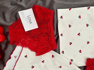 Kiraz Desenli Dörtlü Şortlu Pijama Takımı