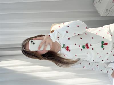 Kiraz Desenli Ekru Berlin Dörtlü Pijama Seti