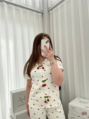 Kiraz Desenli Ekru Oslo Dörtlü Pijama Takımı