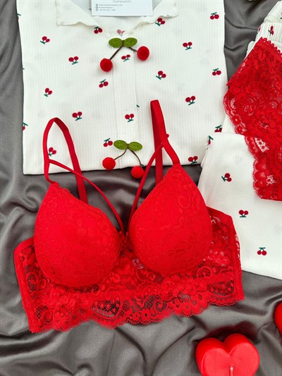 Kiraz Desenli Ekru Oslo Dörtlü Pijama Takımı