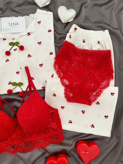 Kiraz Desenli Ekru Oslo Dörtlü Pijama Takımı