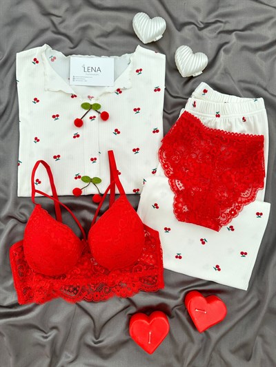 Kiraz Desenli Ekru Oslo Dörtlü Pijama Takımı