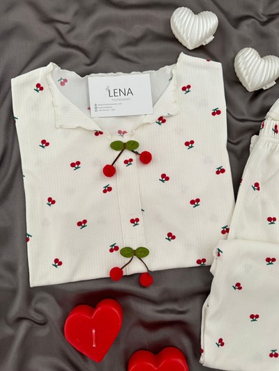 Kiraz Desenli Ekru Uzun Kollu Pijama Takımı