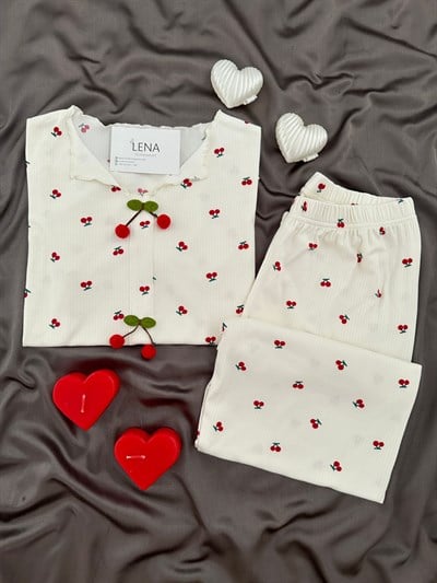 Kiraz Desenli Ekru Oslo Kısa Kollu Pijama Takımı