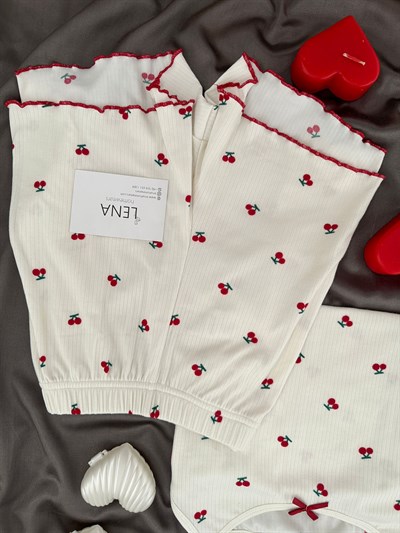 Kiraz Desenli Ekru Oslo Şortlu Pijama Takımı