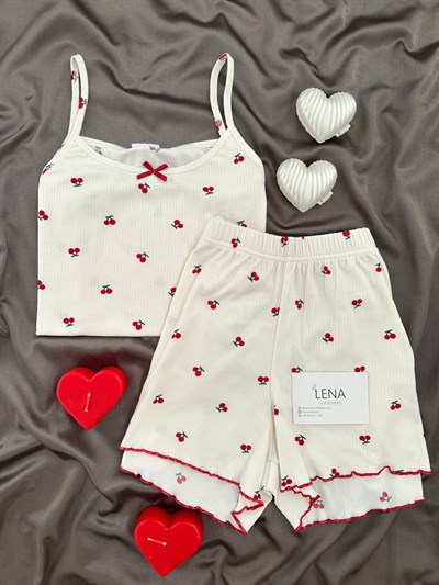 Kiraz Desenli Ekru Oslo Şortlu Pijama Takımı