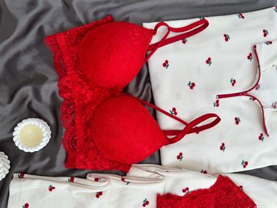 Kirazlı Fermuar Detaylı Dörtlü Pijama Seti