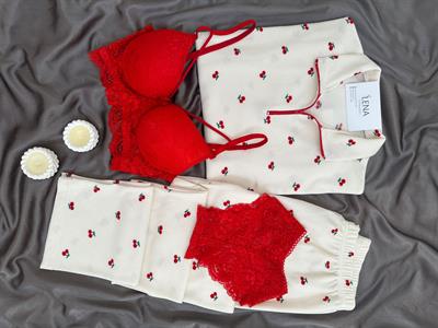 Kirazlı Fermuar Detaylı Dörtlü Pijama Seti