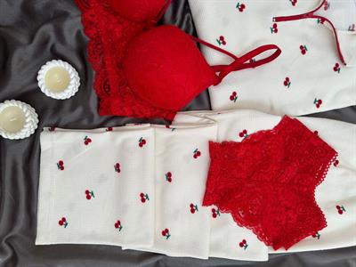 Kirazlı Fermuar Detaylı Dörtlü Pijama Seti