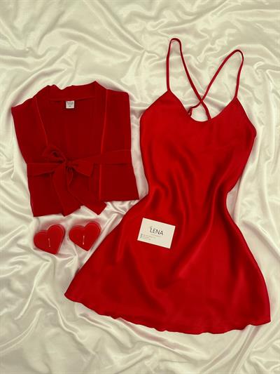 Kırmızı Basic 2li Şifon & Saten Gecelik Seti