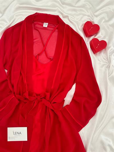 Kırmızı Basic 2li Şifon & Saten Gecelik Seti