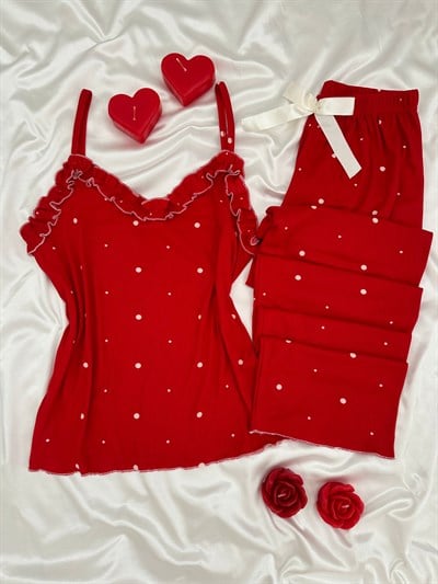 Kırmızı Benekler Askılı Pijama Takımı