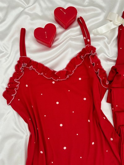 Kırmızı Benekler Askılı Pijama Takımı