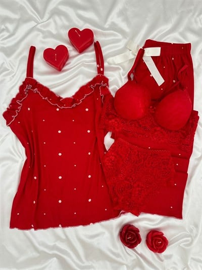 Kırmızı Benekler Dörtlü Askılı Pijama Takımı