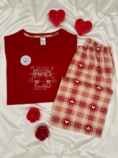 Kırmızı Collect %100 Pamuk Kısa Kollu Pijama Takımı 