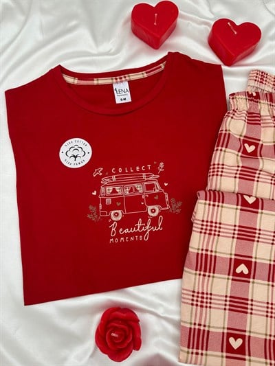 Kırmızı Collect %100 Pamuk Kısa Kollu Pijama Takımı 