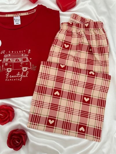 Kırmızı Collect %100 Pamuk Kısa Kollu Pijama Takımı 