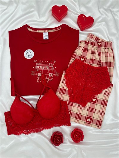 Kırmızı Collect %100 Pamuk Pijama & Çamaşır Seti