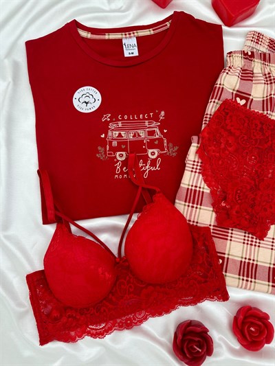 Kırmızı Collect %100 Pamuk Pijama & Çamaşır Seti