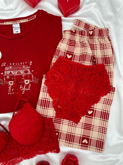 Kırmızı Collect %100 Pamuk Pijama & Çamaşır Seti