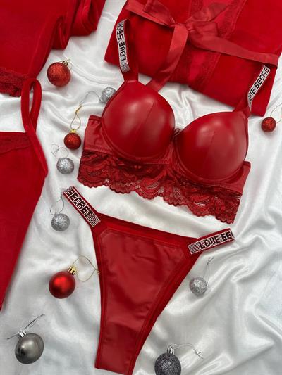 Kırmızı Deri & Kadife 5li Takım