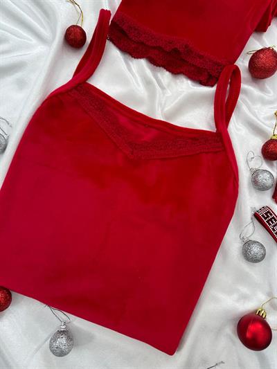 Kırmızı Deri & Kadife 5li Takım