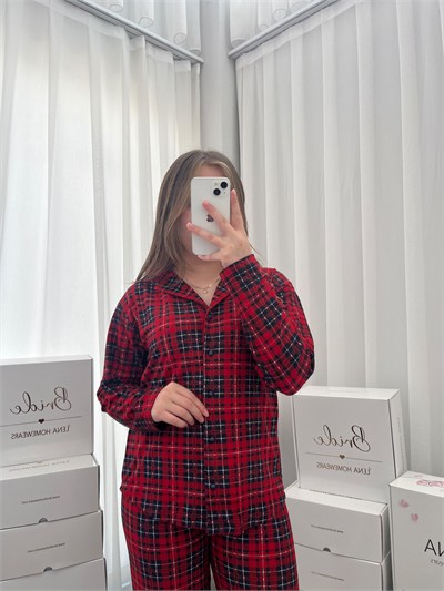 Kırmızı Ekose Desenli Termosoft Pijama Takımı